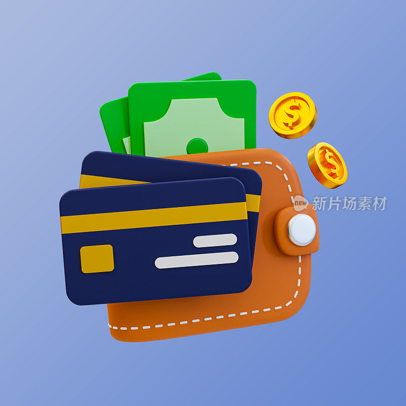 3d minimal financial management. expense organization. budget planning. wallet with credit cards, banknotes, and coins. 3d illustration.